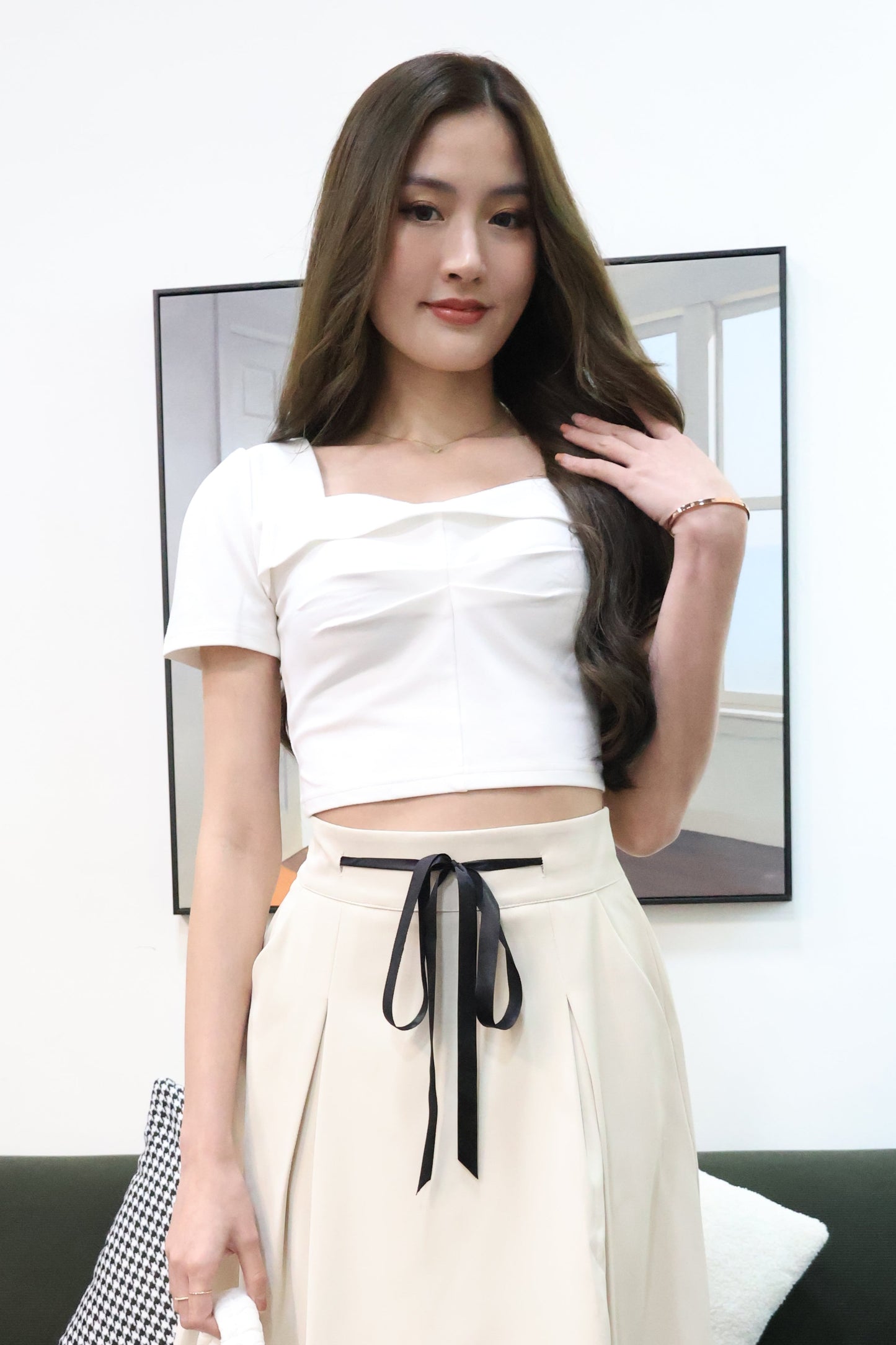 Leila Ruched Square Neck Top In White