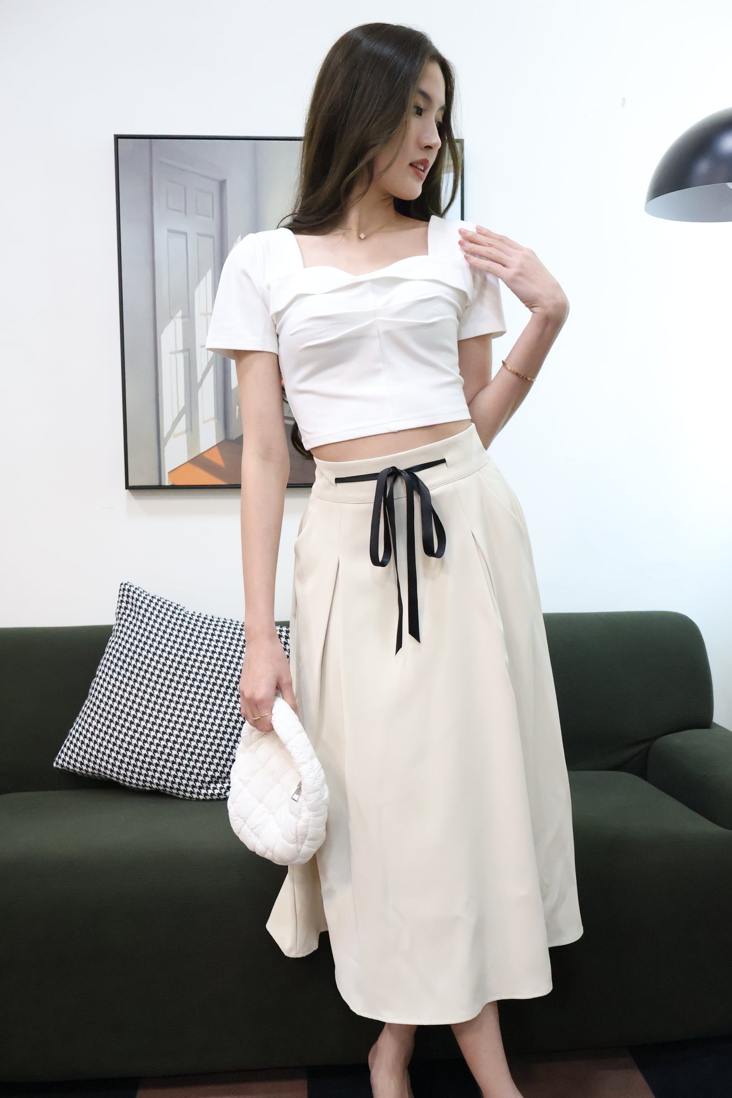 Leila Ruched Square Neck Top In White