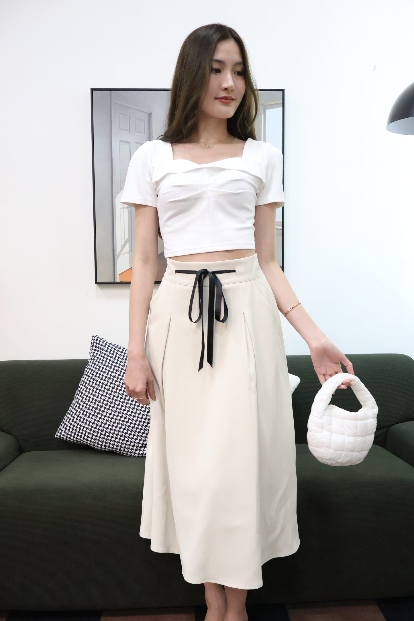 Lareina Ribbon Midi Pocket Skirt In Cream