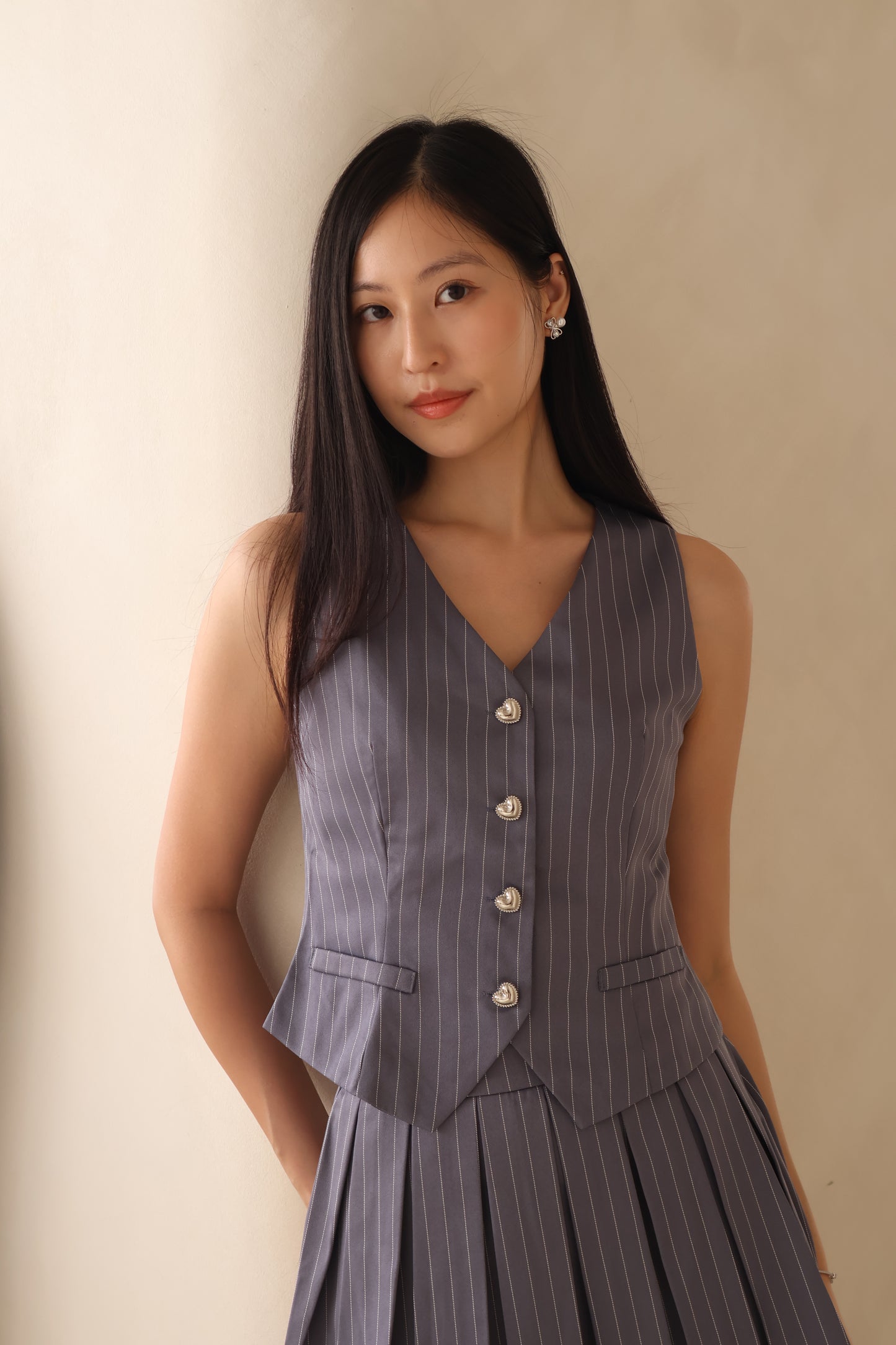 Janice Heart Button Vest Co-Ords Set In Grey Stripe