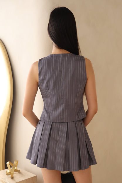 Janice Heart Button Vest Co-Ords Set In Grey Stripe