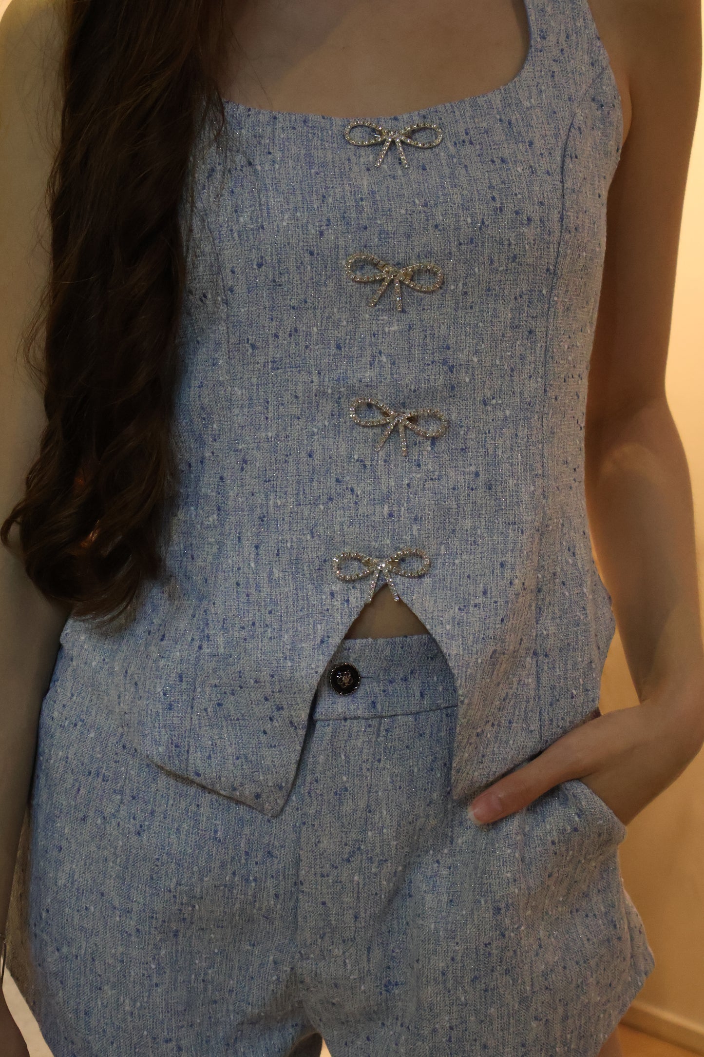 Milly Tweed Co-Ords Set In Blue (With Detachable Bling Ribbon Pins)
