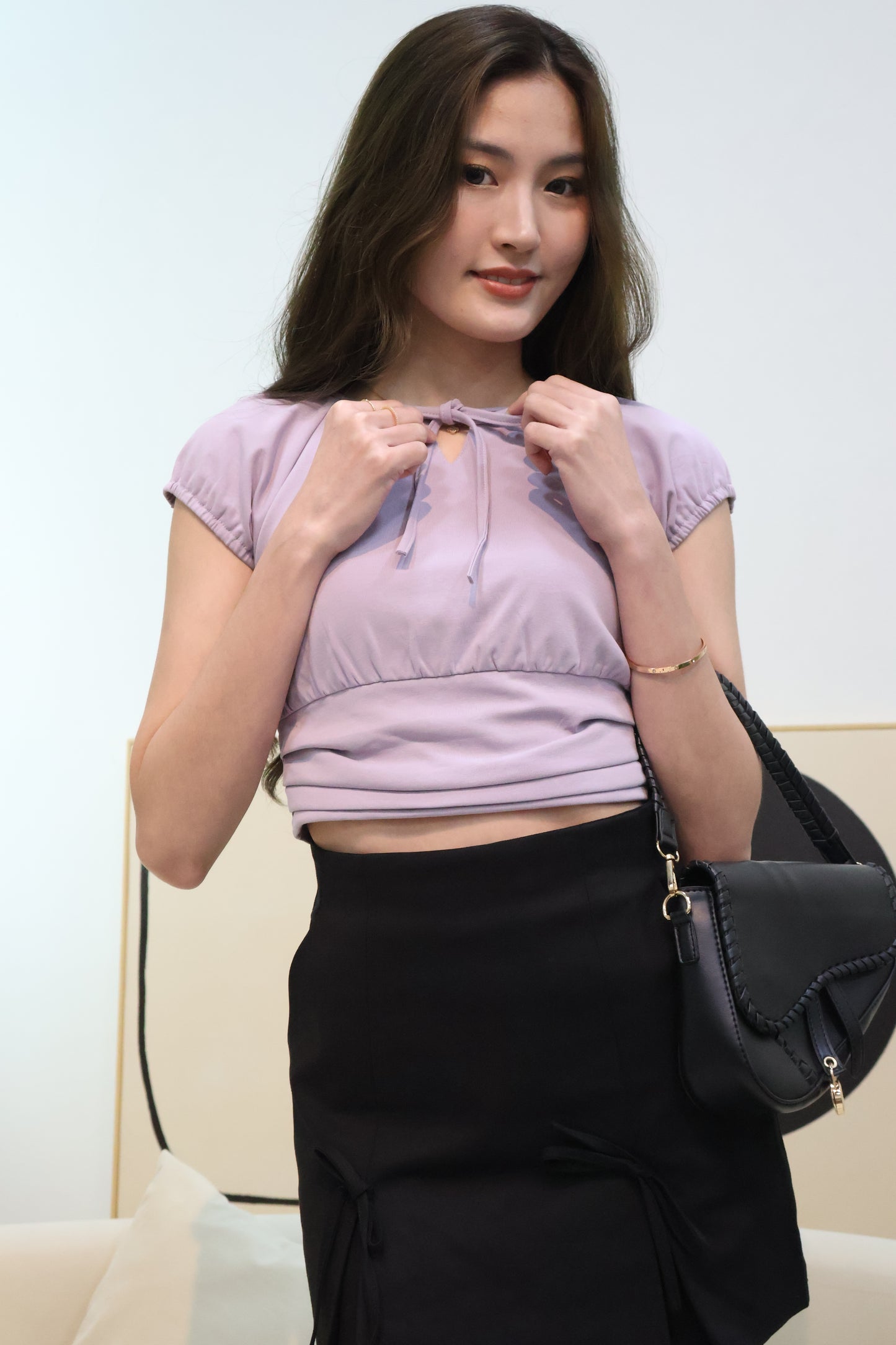 Connie Ribbon Tie Sleeve Top In Purple