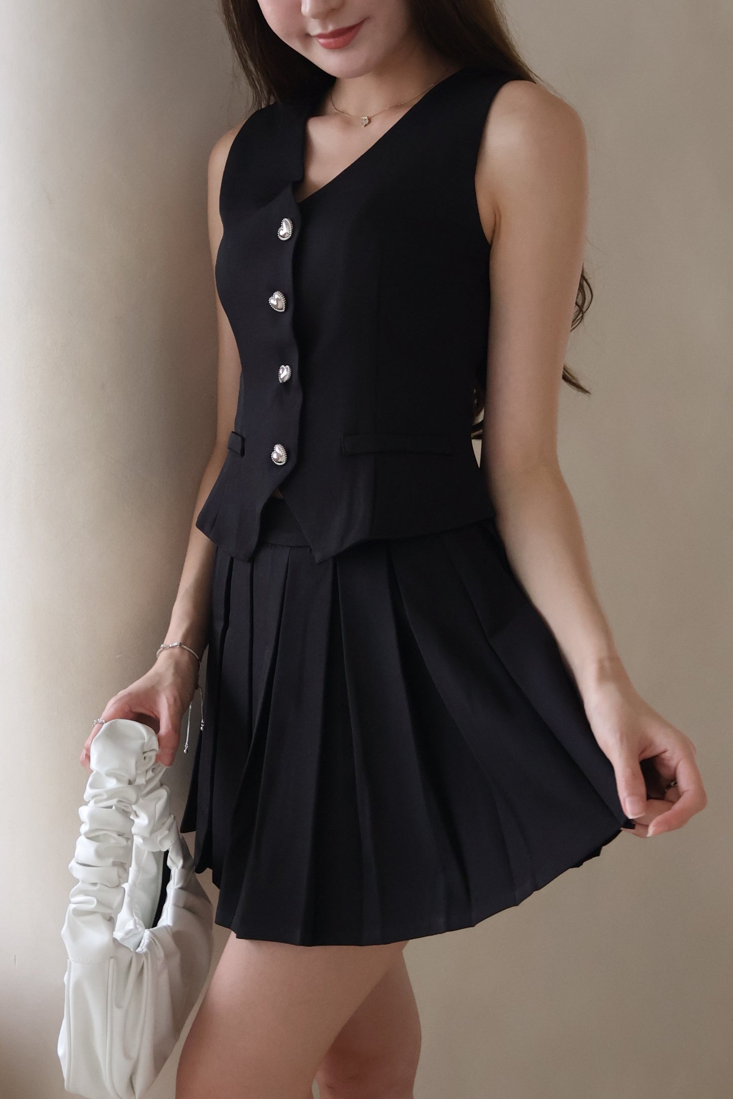 Janice Heart Button Vest Co-Ords Set In Black