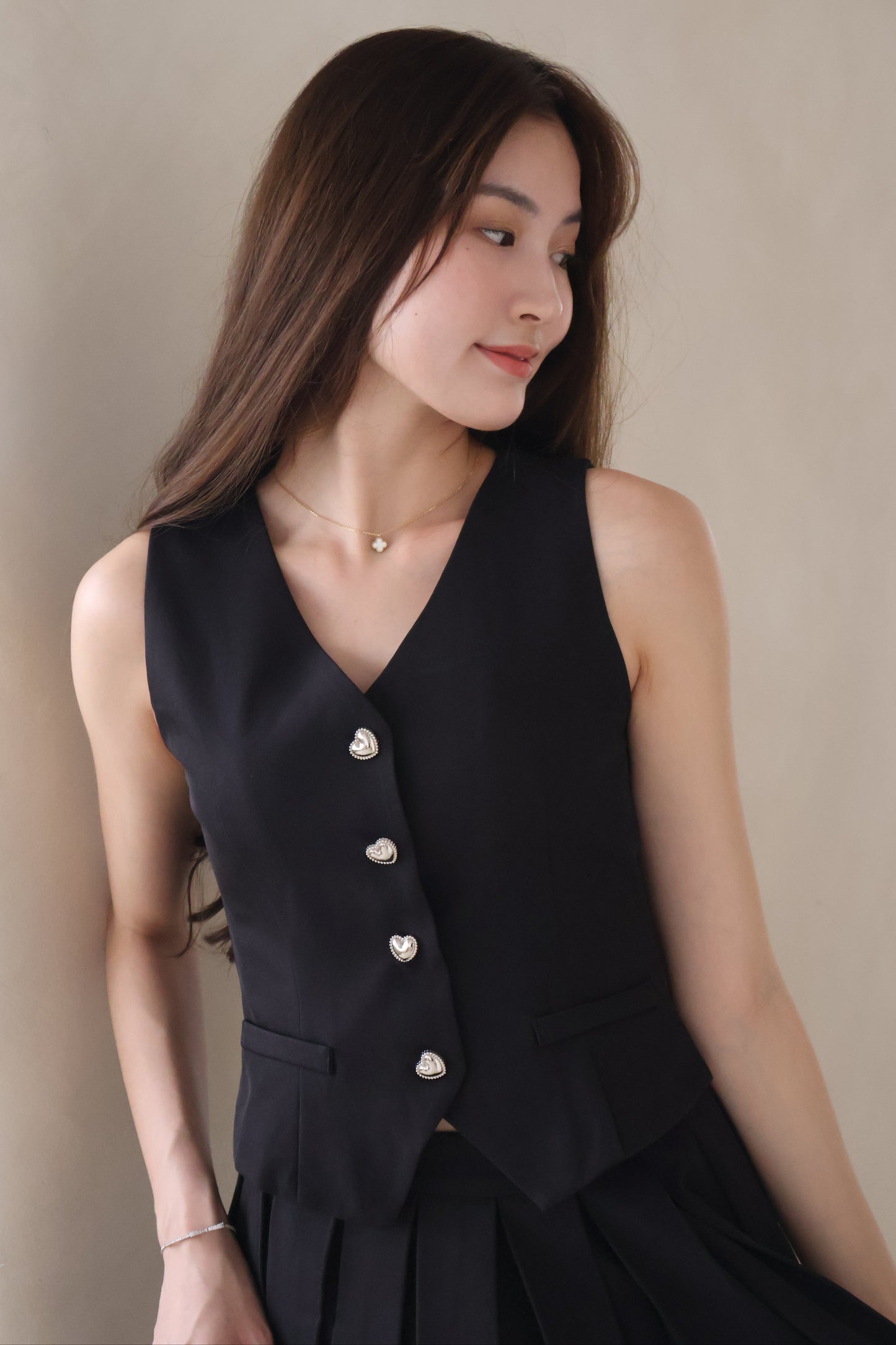 Janice Heart Button Vest Co-Ords Set In Black