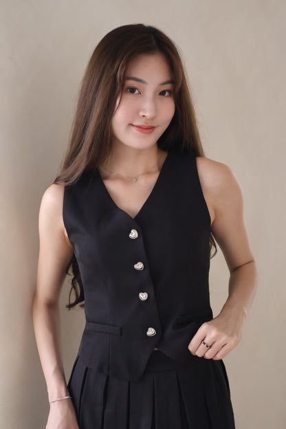 Janice Heart Button Vest Co-Ords Set In Black