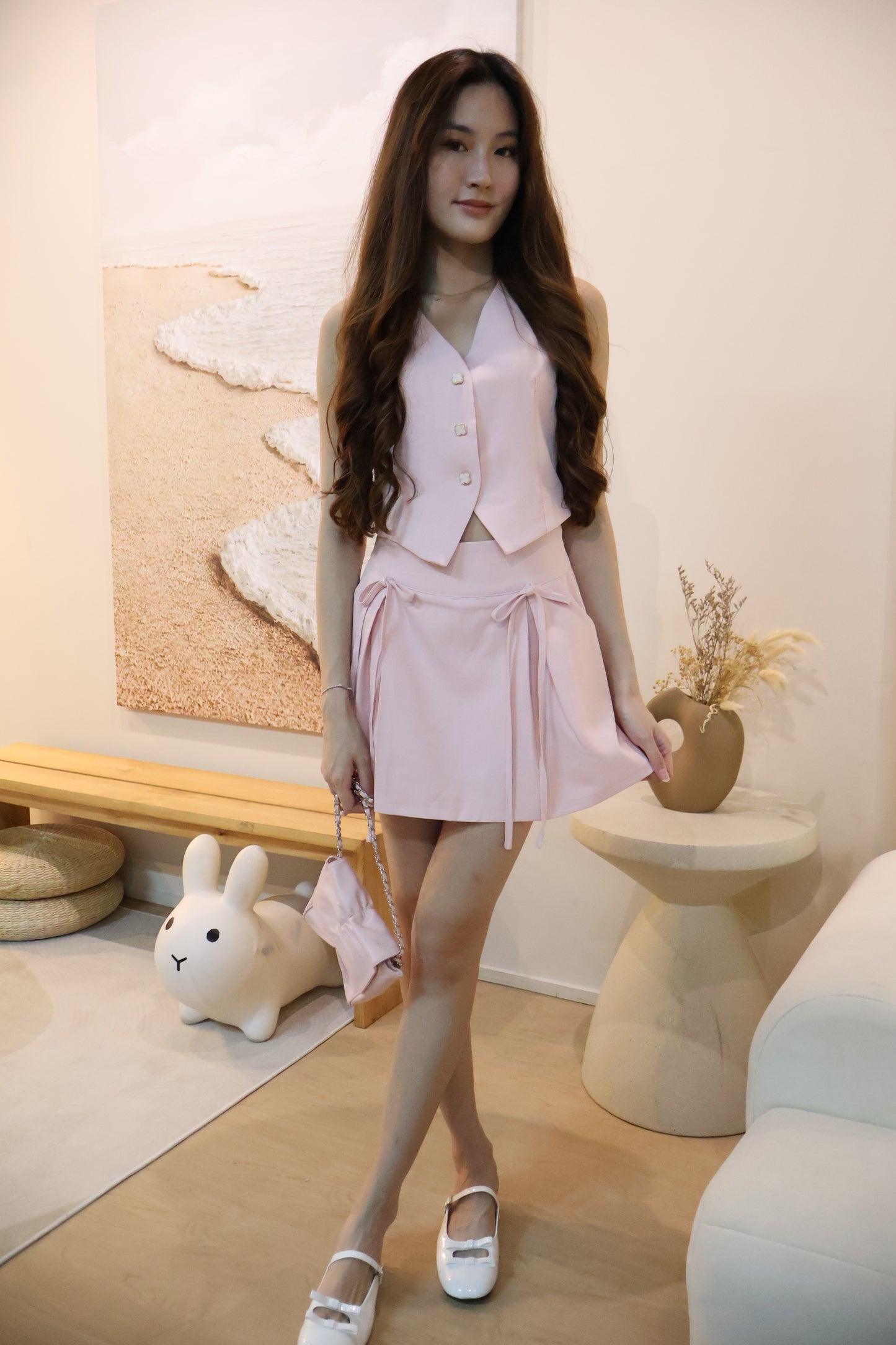 Febe Clover Button Ribbon Tie Co-Ords Set In Pink