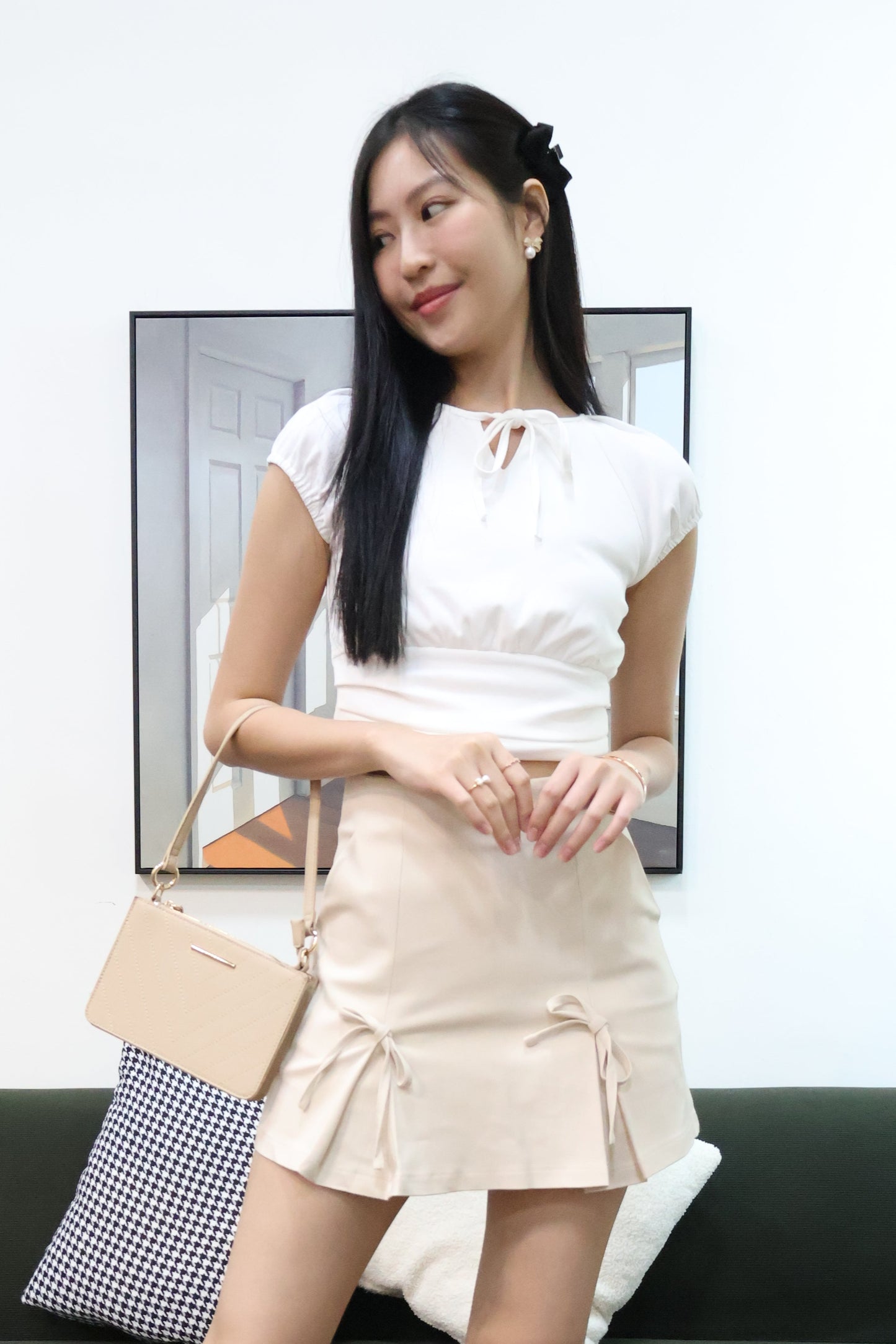 Connie Ribbon Tie Sleeve Top In White