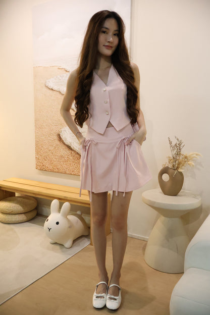 Febe Clover Button Ribbon Tie Co-Ords Set In Pink