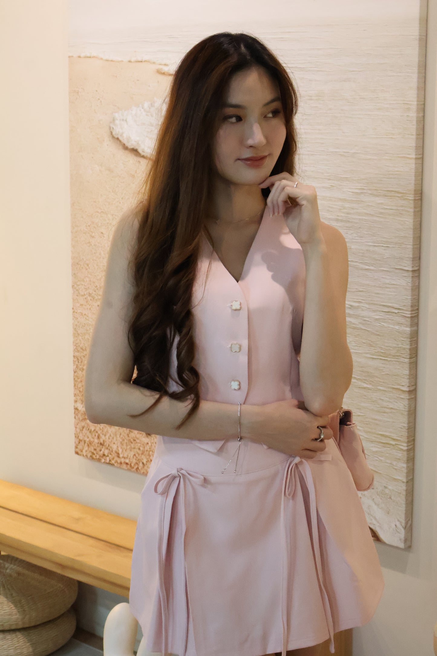 Febe Clover Button Ribbon Tie Co-Ords Set In Pink