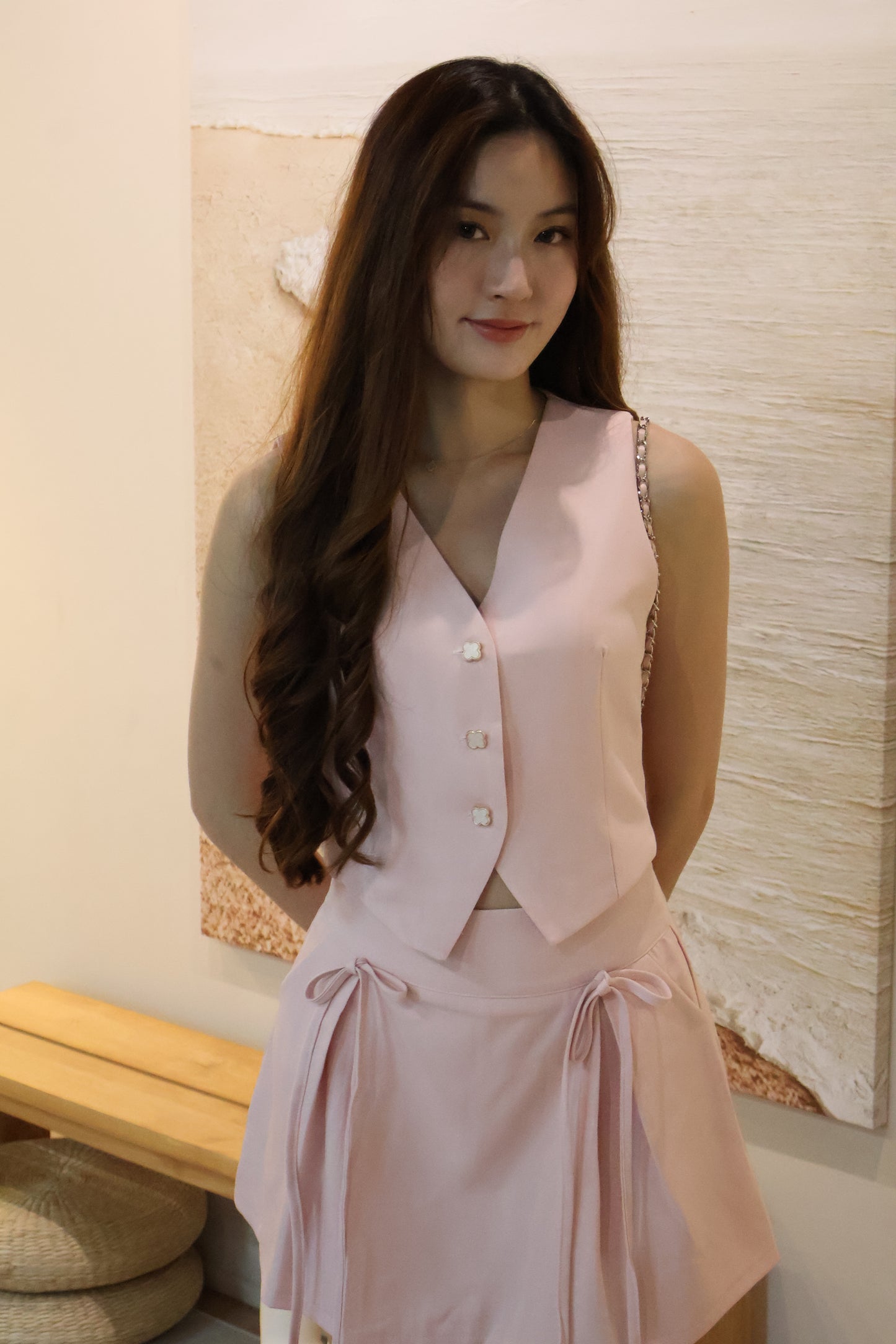 Febe Clover Button Ribbon Tie Co-Ords Set In Pink