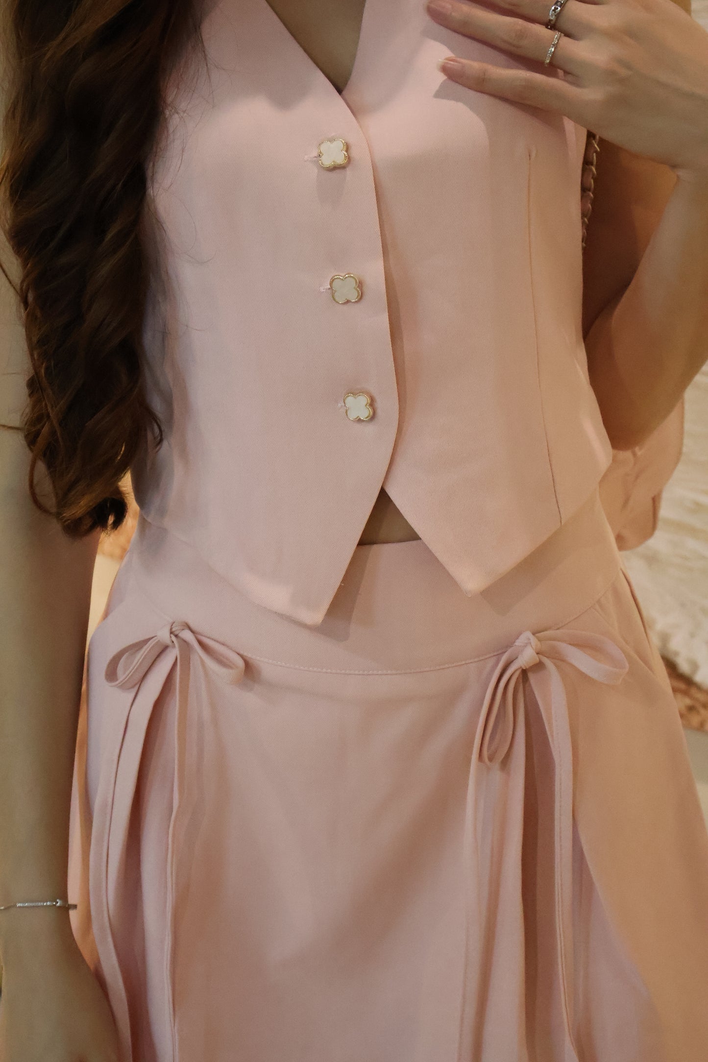 Febe Clover Button Ribbon Tie Co-Ords Set In Pink