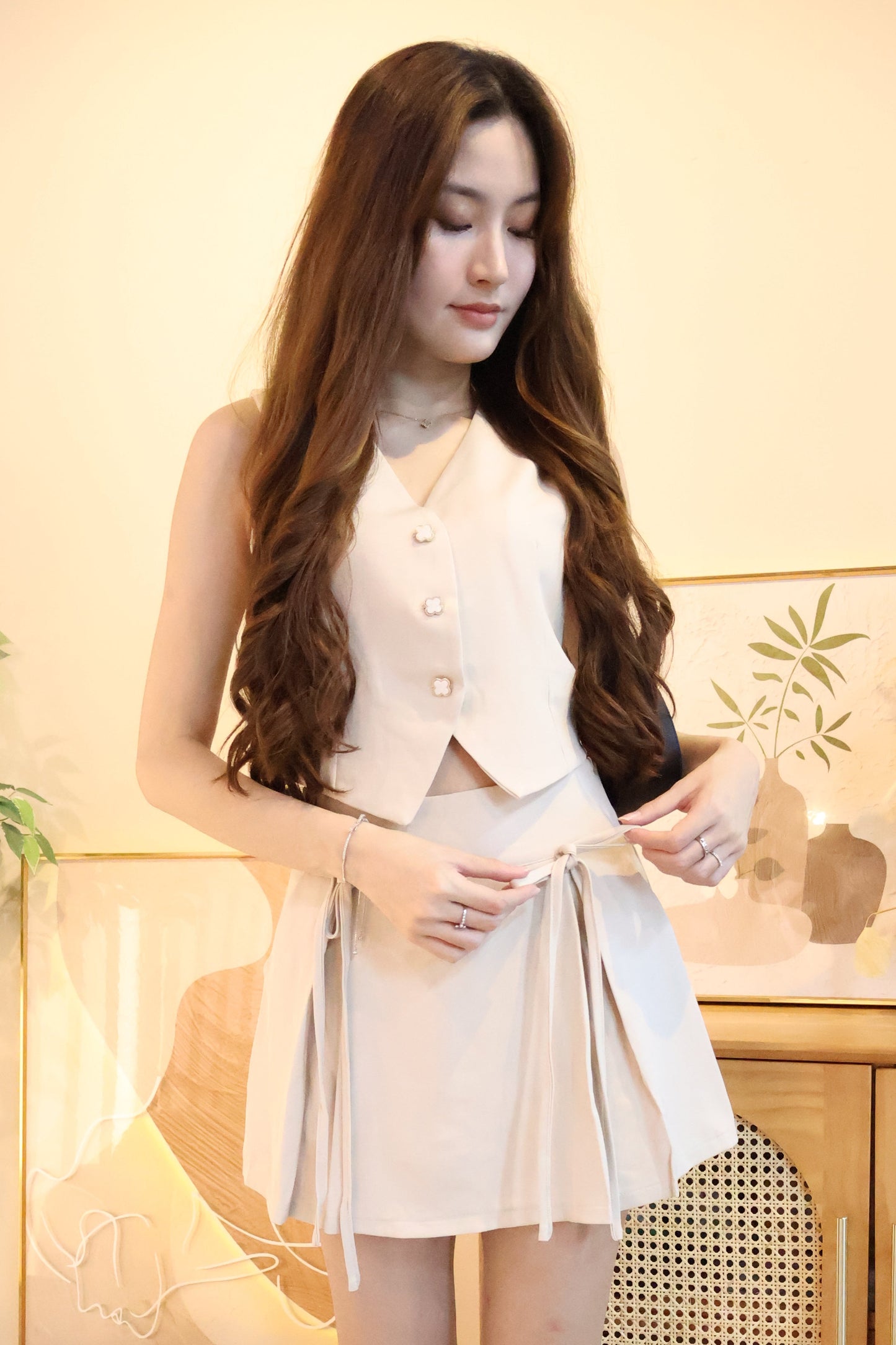 Febe Clover Button Ribbon Tie Co-Ords Set In Cream