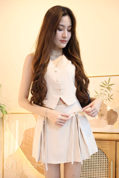 Febe Clover Button Ribbon Tie Co-Ords Set In Cream