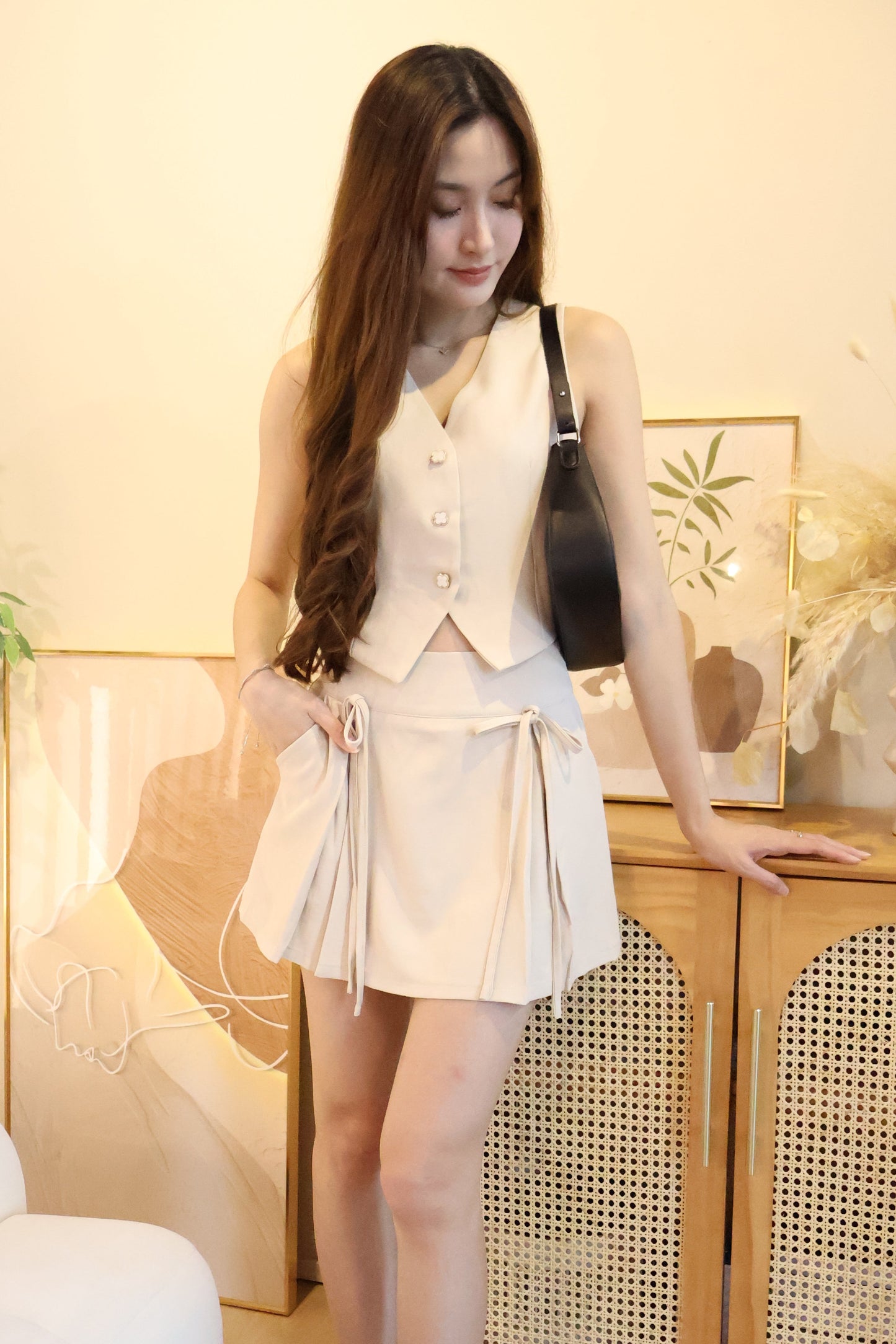 Febe Clover Button Ribbon Tie Co-Ords Set In Cream