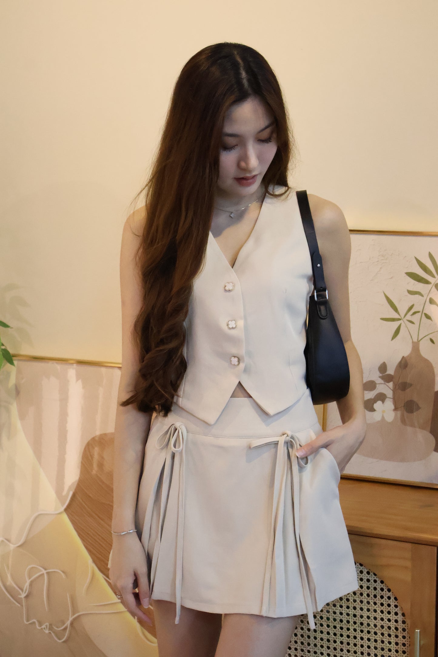 Febe Clover Button Ribbon Tie Co-Ords Set In Cream