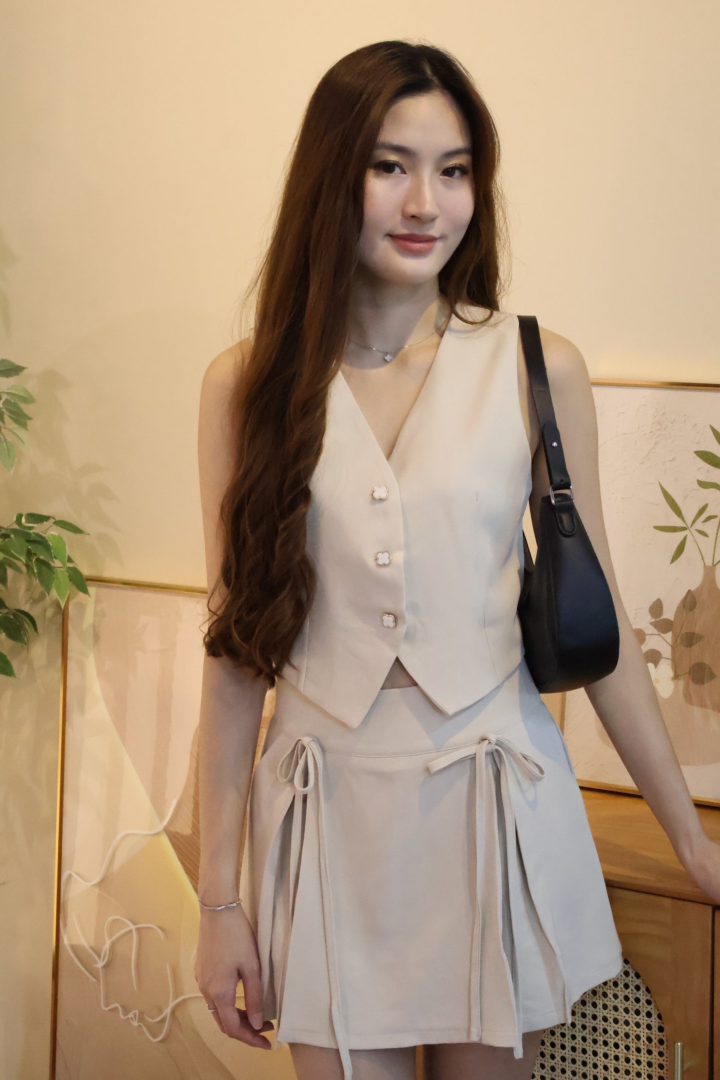 Febe Clover Button Ribbon Tie Co-Ords Set In Cream