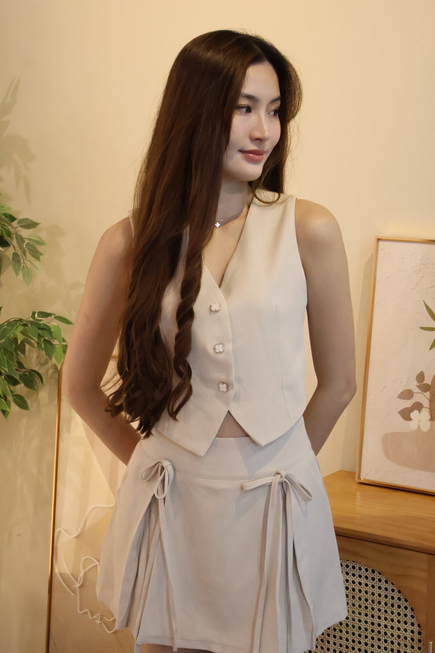 Febe Clover Button Ribbon Tie Co-Ords Set In Cream