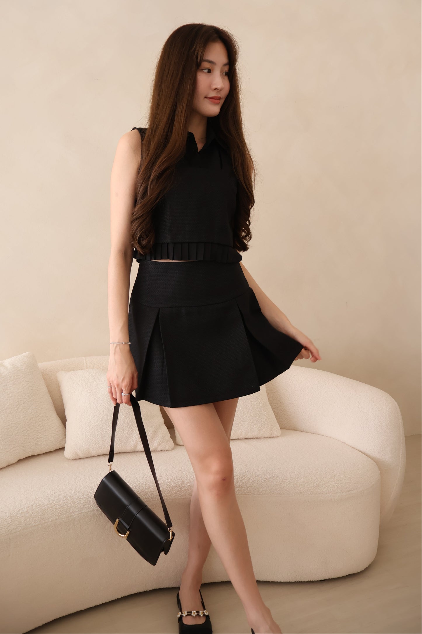 Marcia Collared Pleat Co-Ords Set In Black