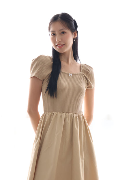 Leticia Babydoll Midi Dress in Wheat