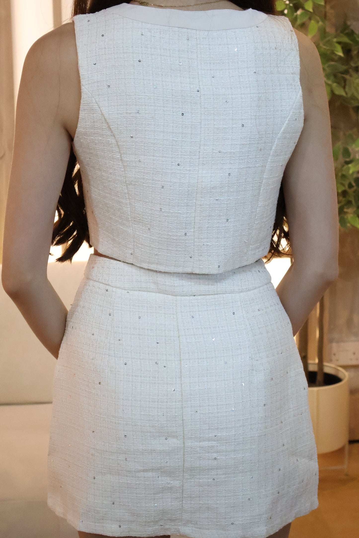 Shanice Gold Button Tweed Co-Ord Set (With Removable Ribbon) In Cream