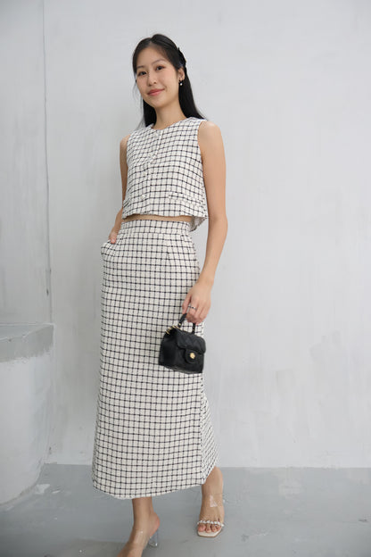 *Premium* Aura Tweed Pearl Button Midi Skirt Co-Ords In White