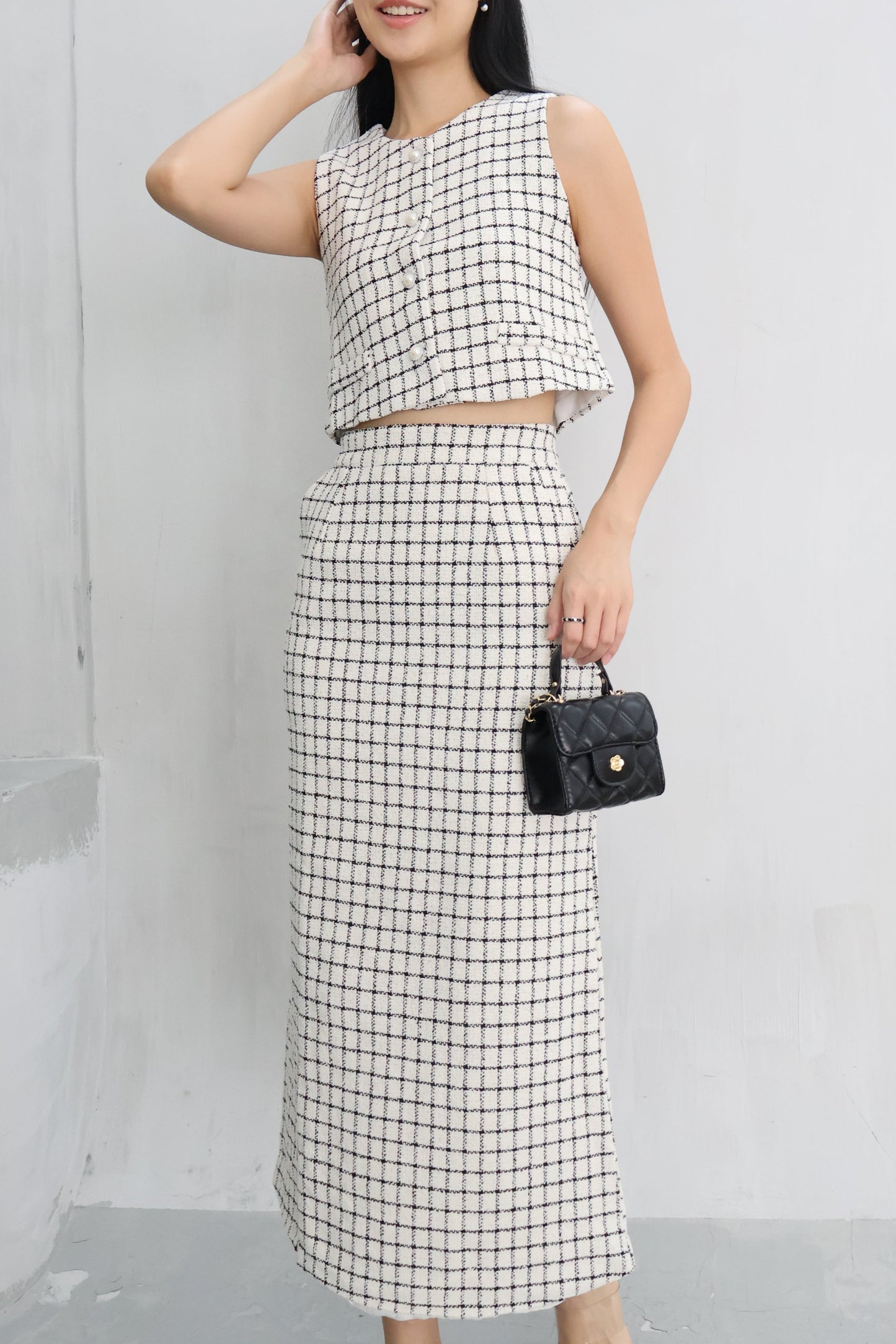 *Premium* Aura Tweed Pearl Button Midi Skirt Co-Ords In White