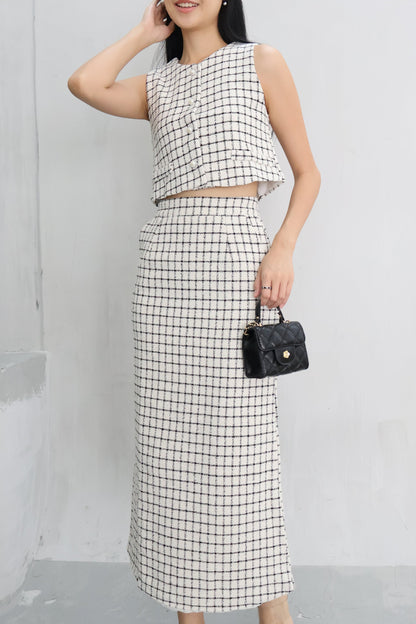 *Premium* Aura Tweed Pearl Button Midi Skirt Co-Ords In White