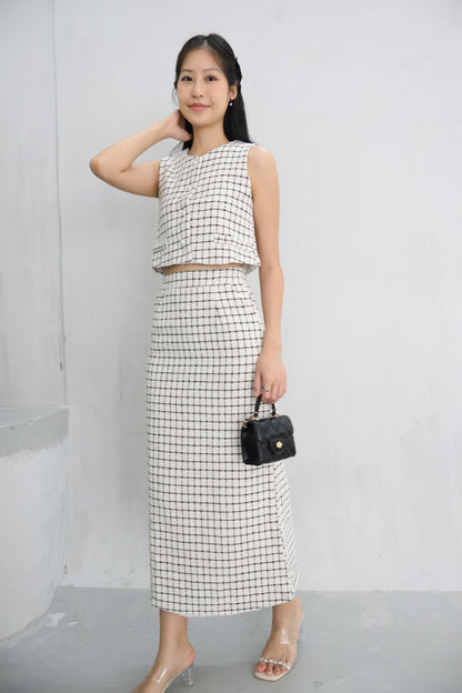 *Premium* Aura Tweed Pearl Button Midi Skirt Co-Ords In White