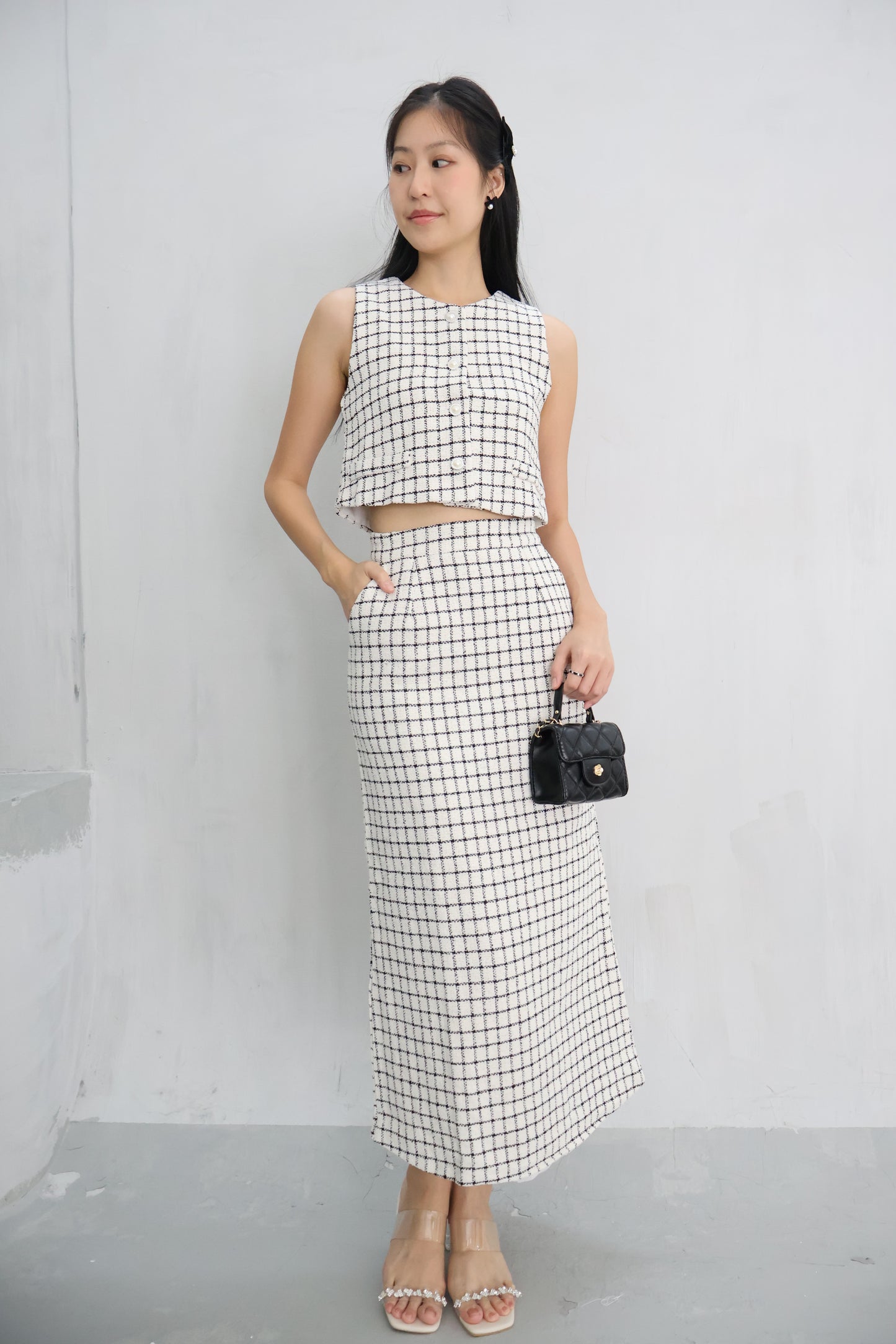 *Premium* Aura Tweed Pearl Button Midi Skirt Co-Ords In White