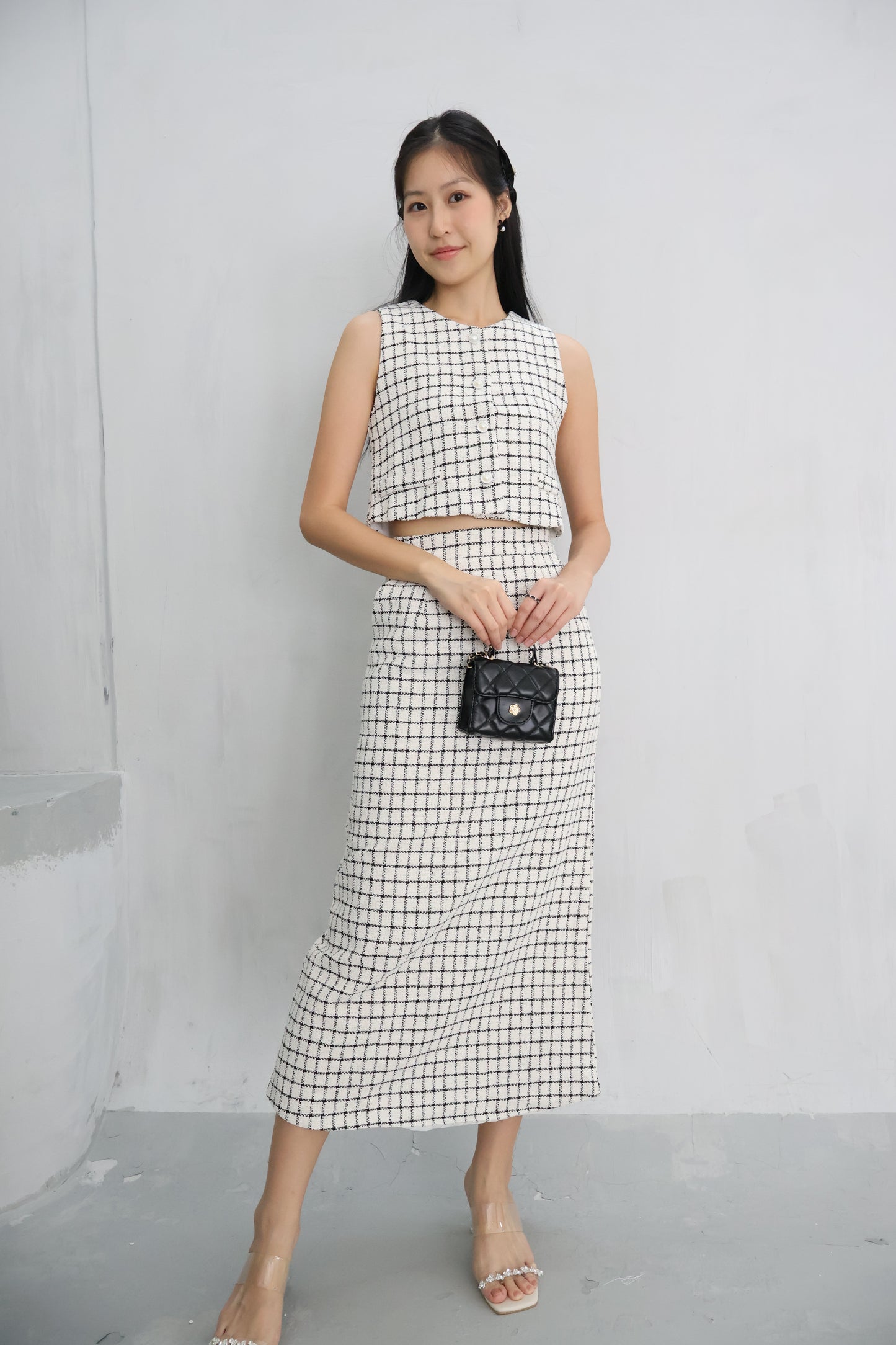 *Premium* Aura Tweed Pearl Button Midi Skirt Co-Ords In White