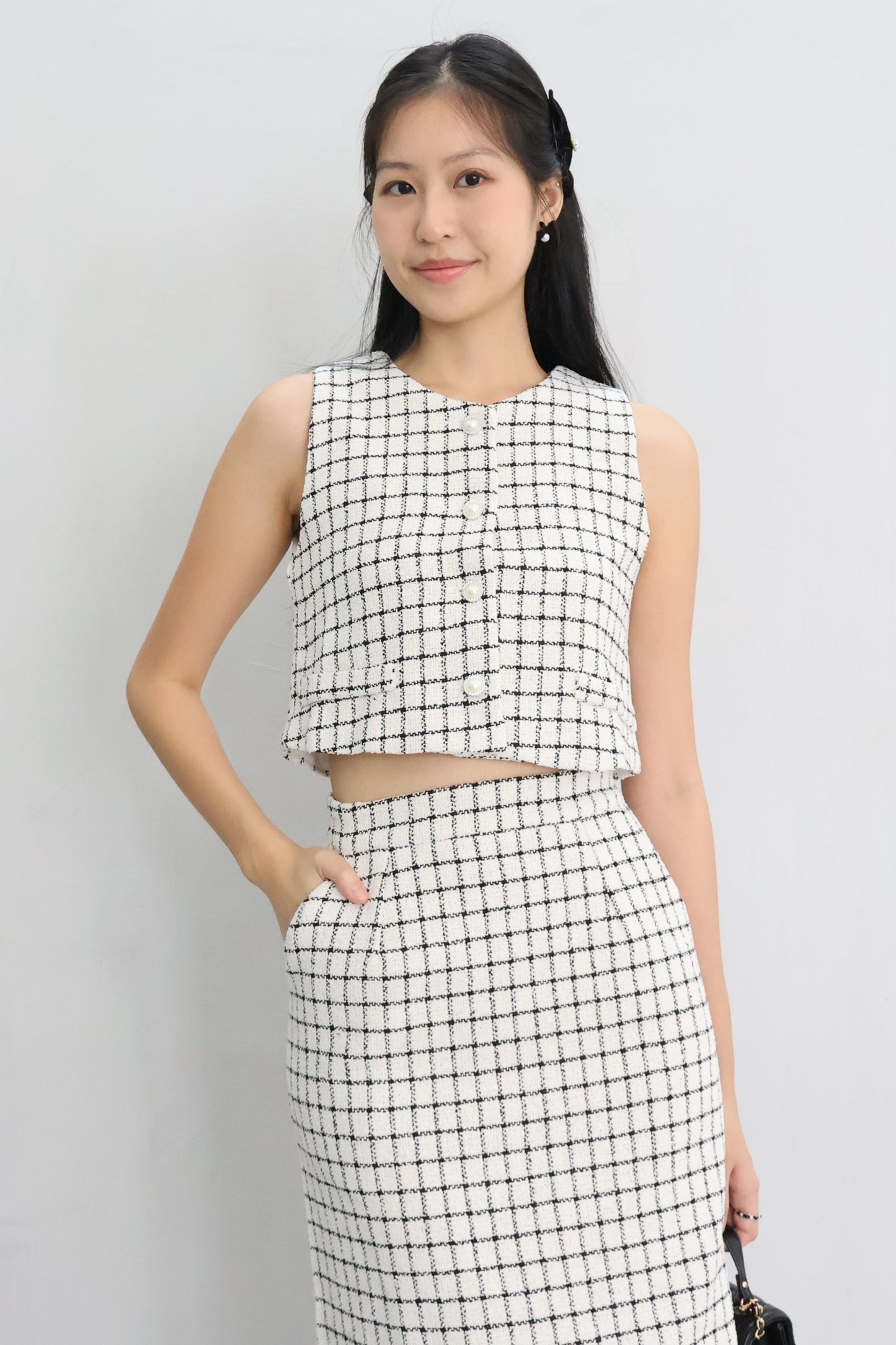 *Premium* Aura Tweed Pearl Button Midi Skirt Co-Ords In White