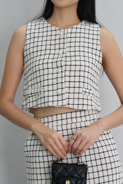 *Premium* Aura Tweed Pearl Button Midi Skirt Co-Ords In White