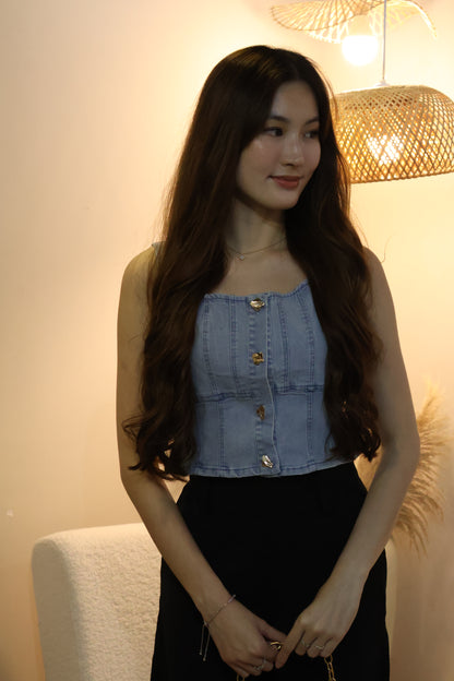 Jill Denim Gold Button Vest Top In Light Wash