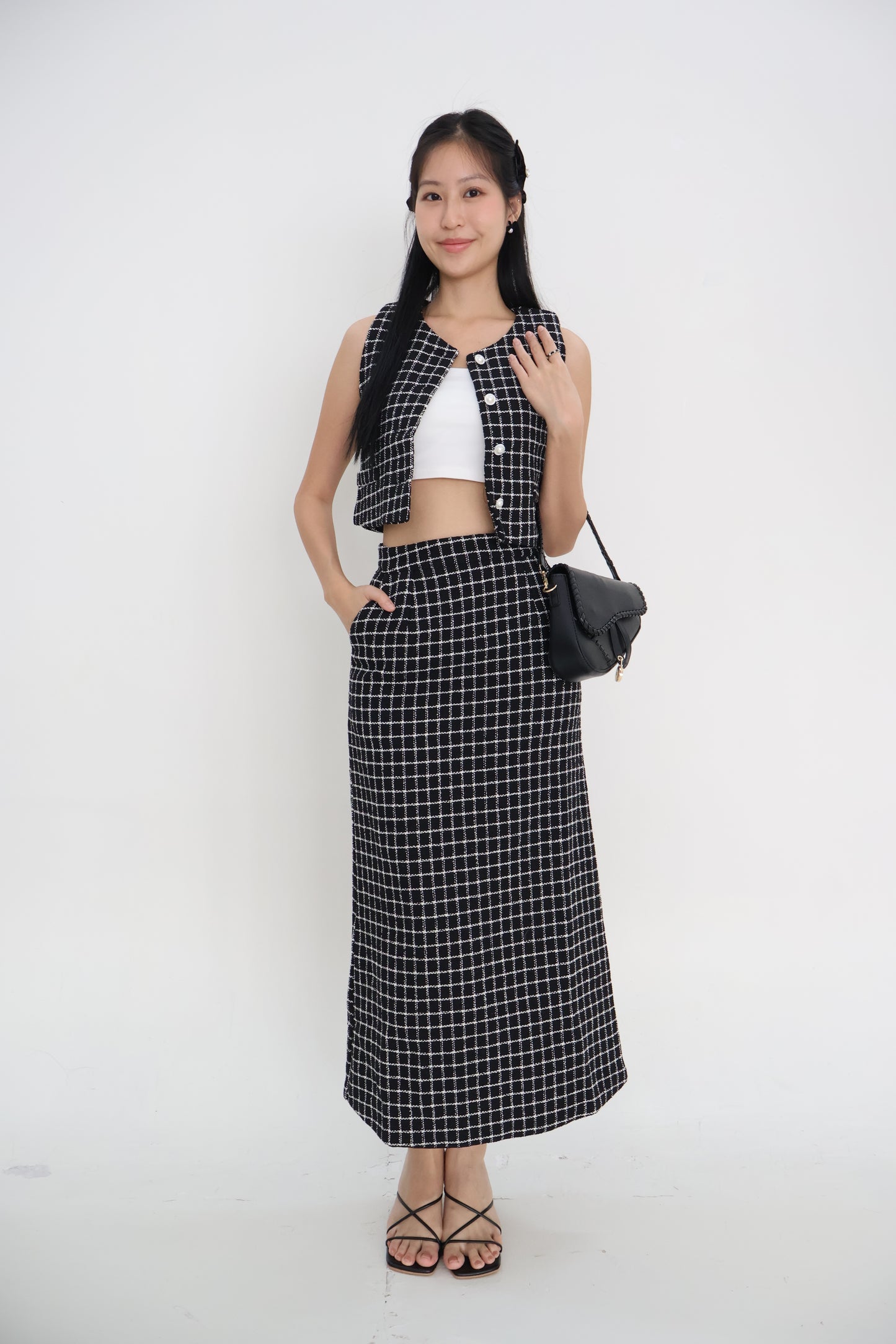 *Premium* Aura Tweed Pearl Button Midi Skirt Co-Ords In Black