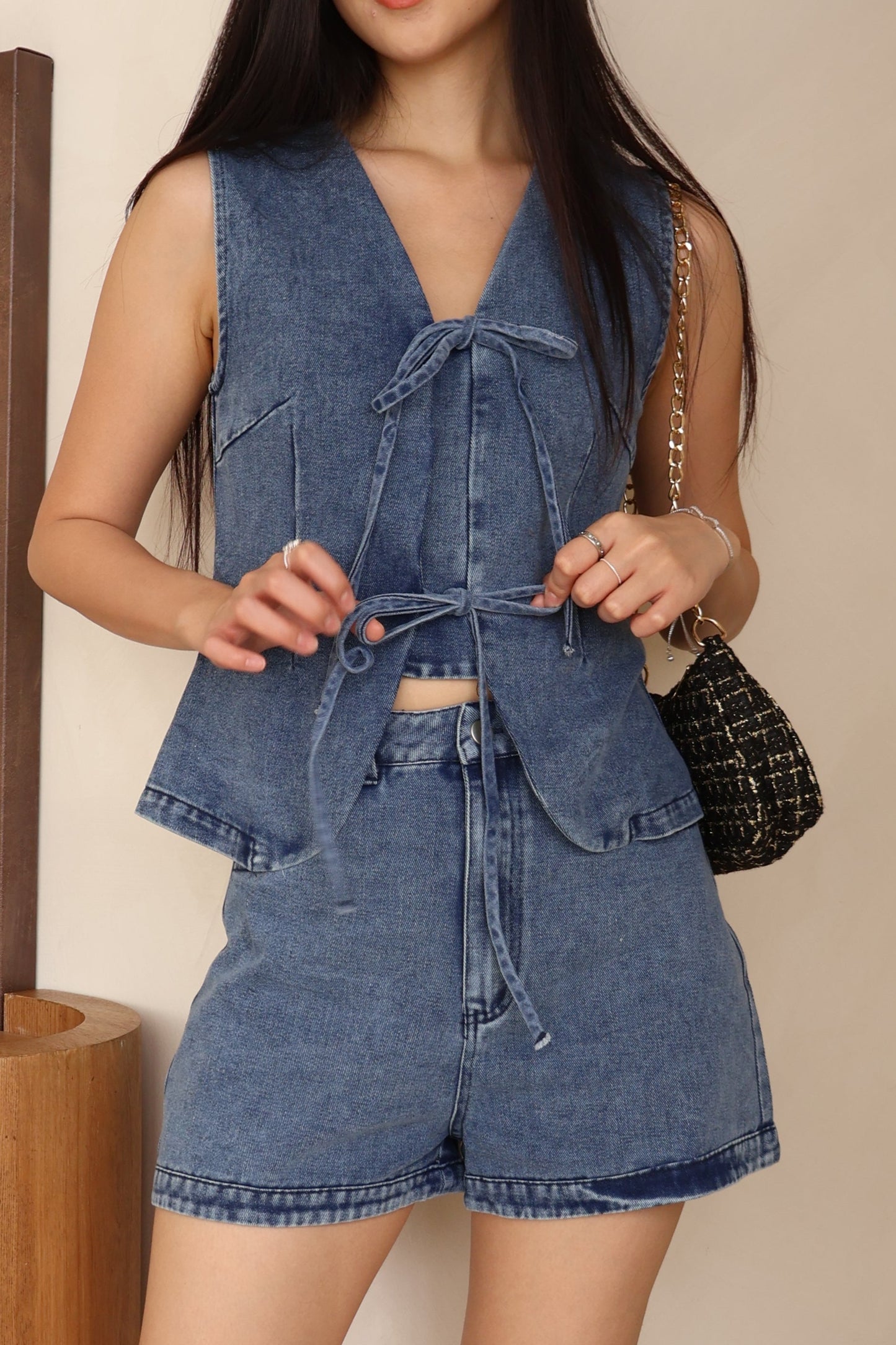 Karlie Ribbon Tie Front Co-Ords In Mid Wash Denim