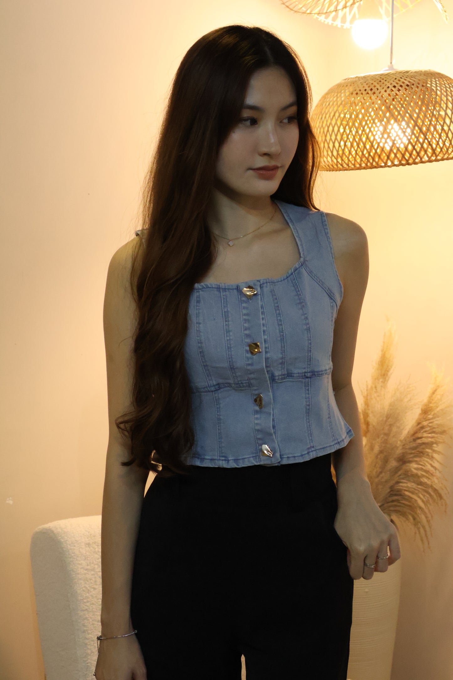 Jill Denim Gold Button Vest Top In Light Wash