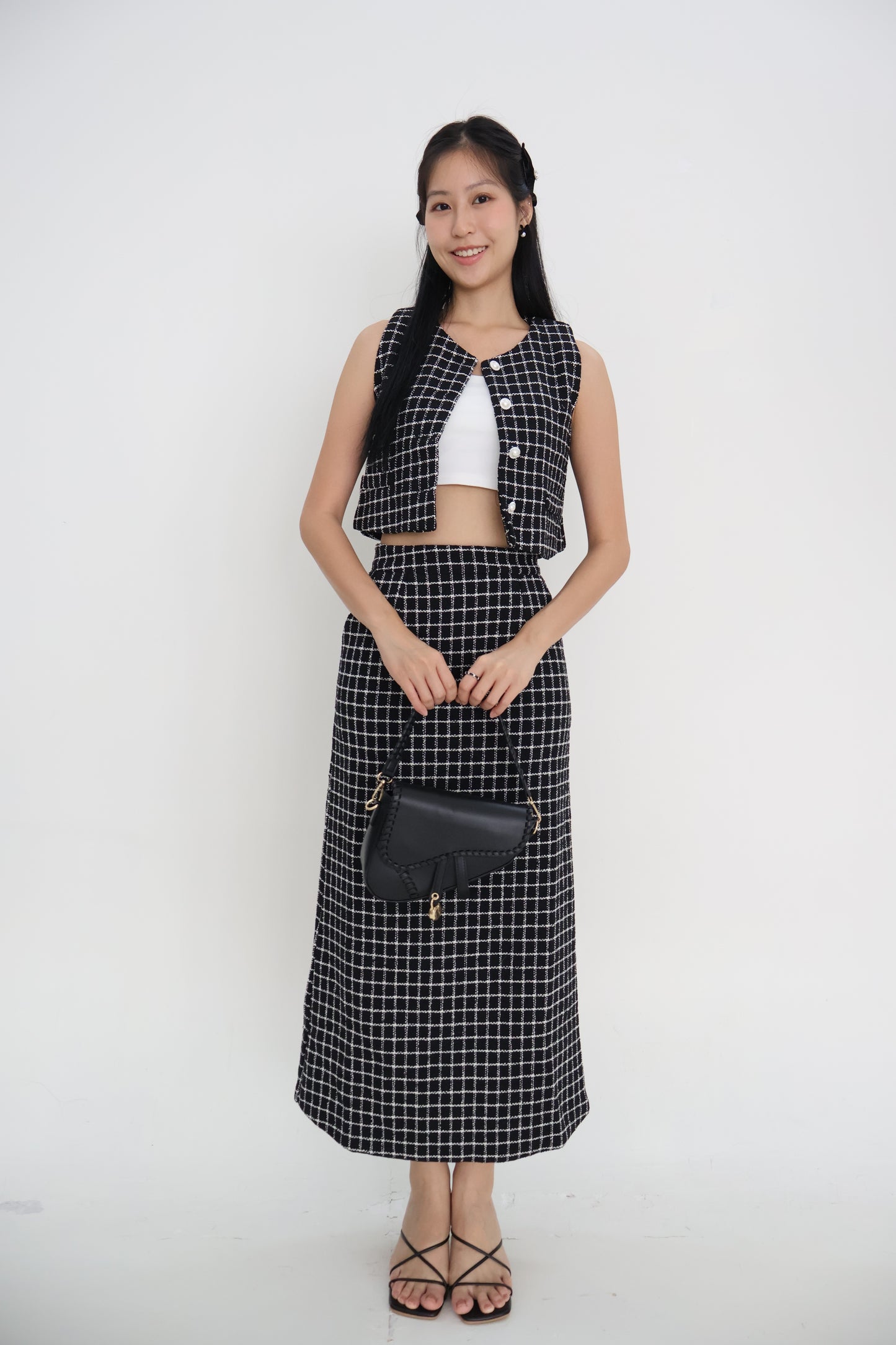 *Premium* Aura Tweed Pearl Button Midi Skirt Co-Ords In Black