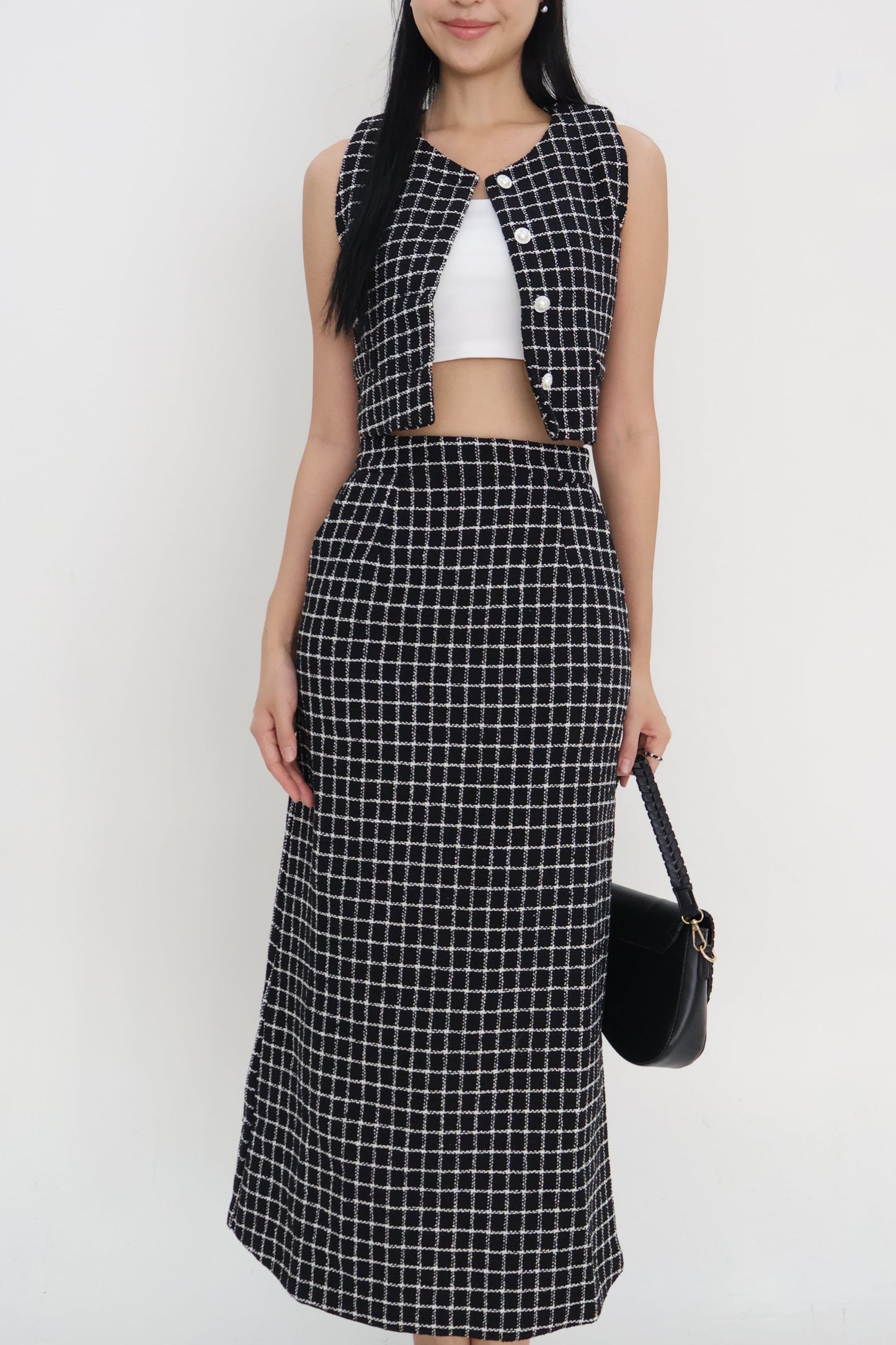 *Premium* Aura Tweed Pearl Button Midi Skirt Co-Ords In Black