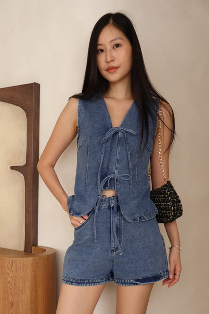 Karlie Ribbon Tie Front Co-Ords In Mid Wash Denim