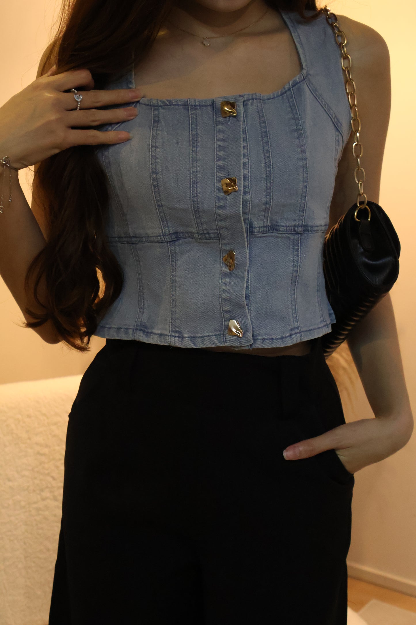 Jill Denim Gold Button Vest Top In Light Wash