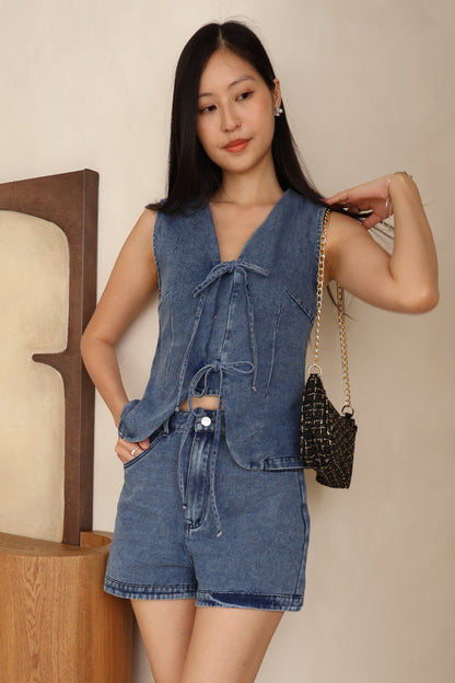 Karlie Ribbon Tie Front Co-Ords In Mid Wash Denim