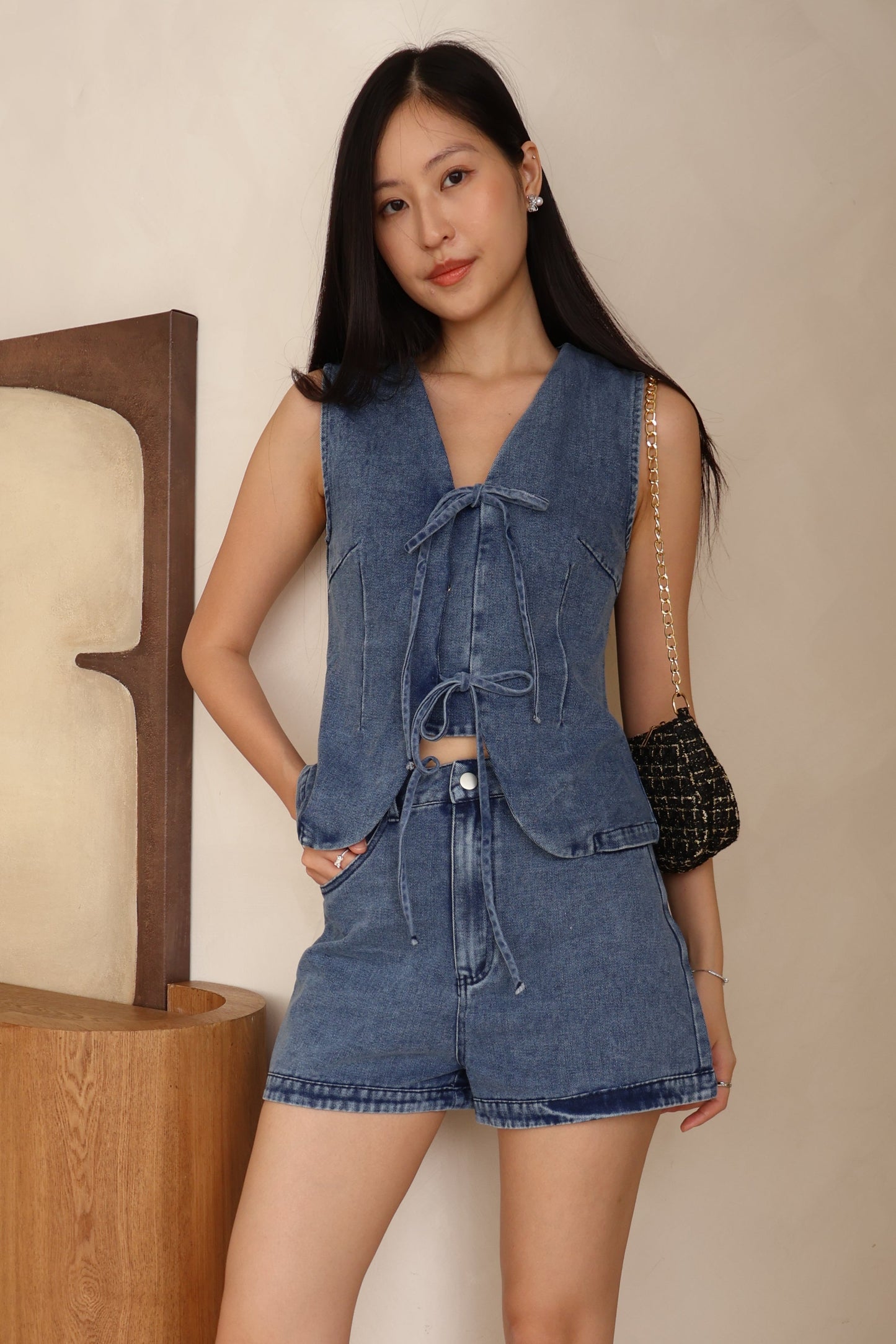 Karlie Ribbon Tie Front Co-Ords In Mid Wash Denim