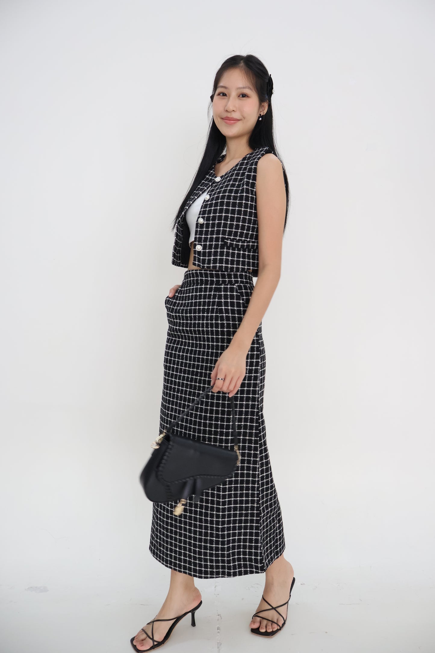 *Premium* Aura Tweed Pearl Button Midi Skirt Co-Ords In Black