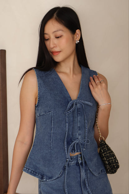 Karlie Ribbon Tie Front Co-Ords In Mid Wash Denim