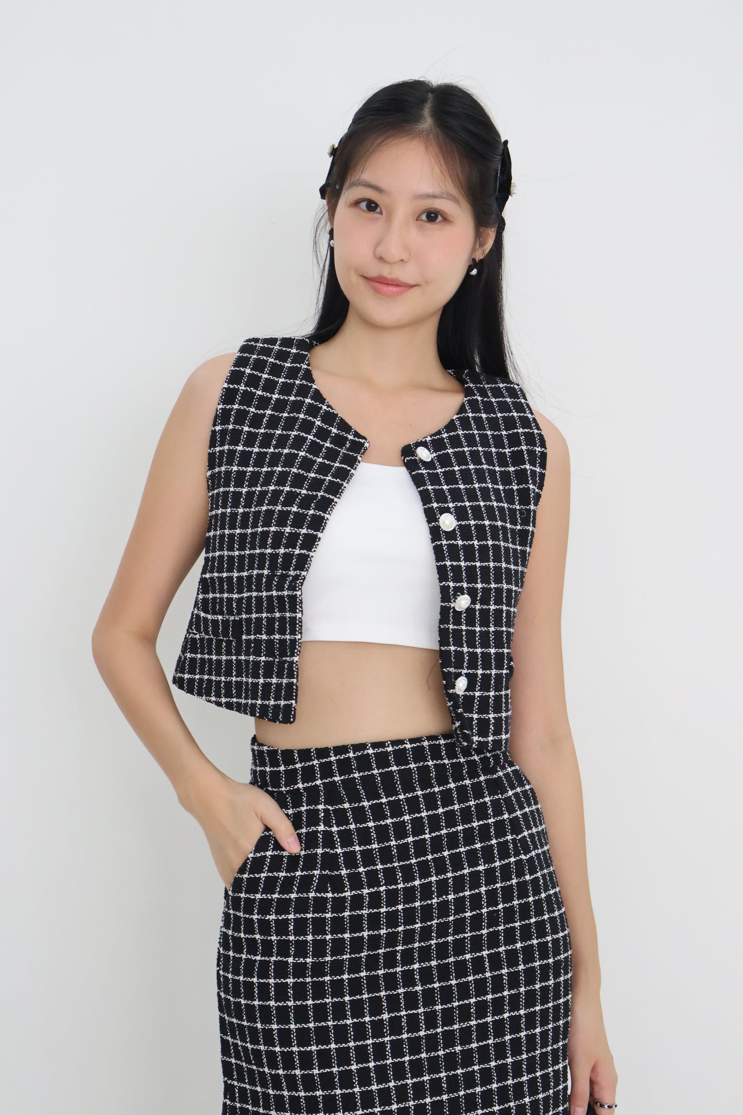 *Premium* Aura Tweed Pearl Button Midi Skirt Co-Ords In Black