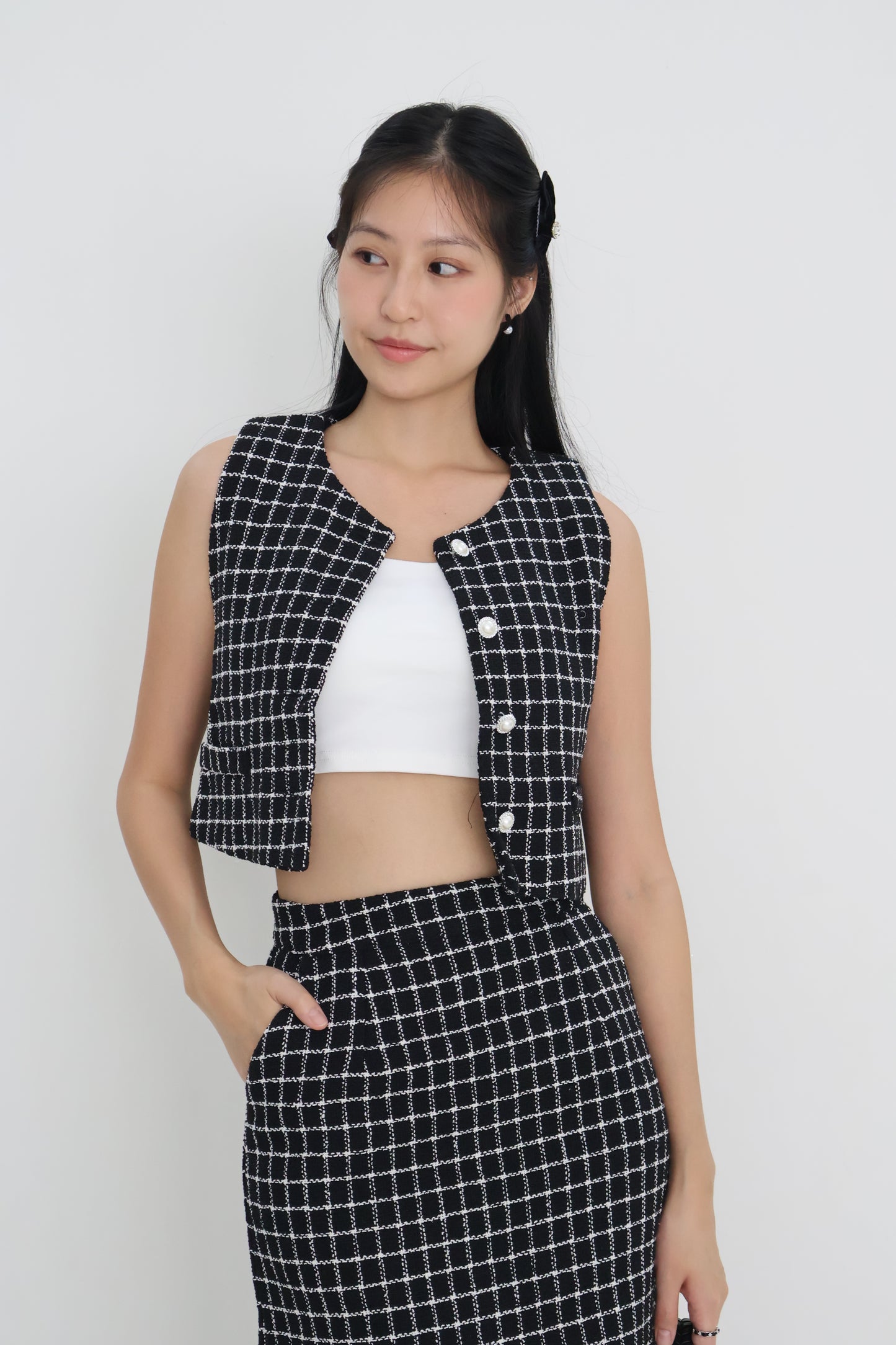 *Premium* Aura Tweed Pearl Button Midi Skirt Co-Ords In Black