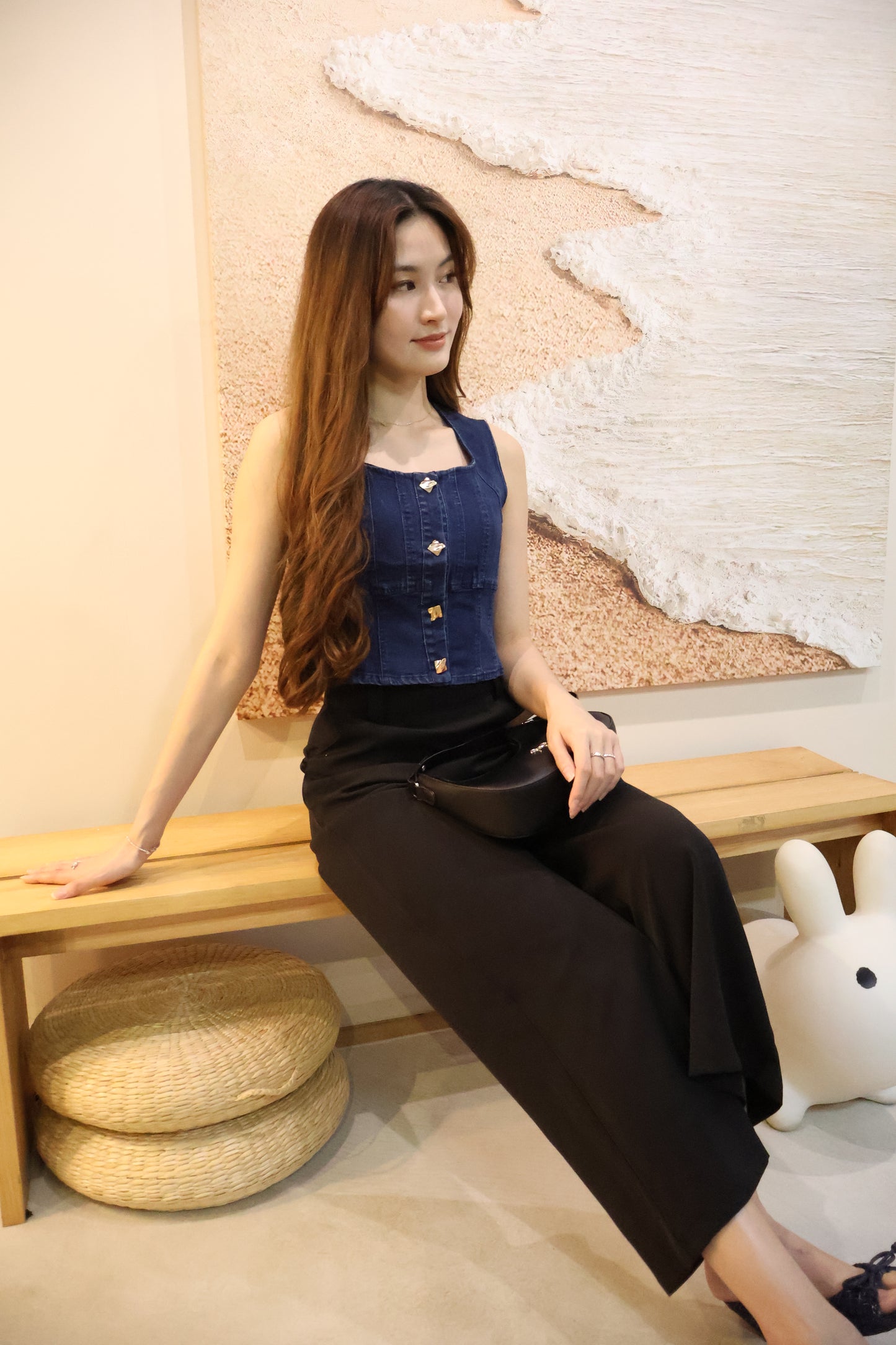 Jill Denim Gold Button Vest Top In Dark Wash