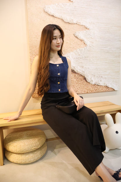 Jill Denim Gold Button Vest Top In Dark Wash