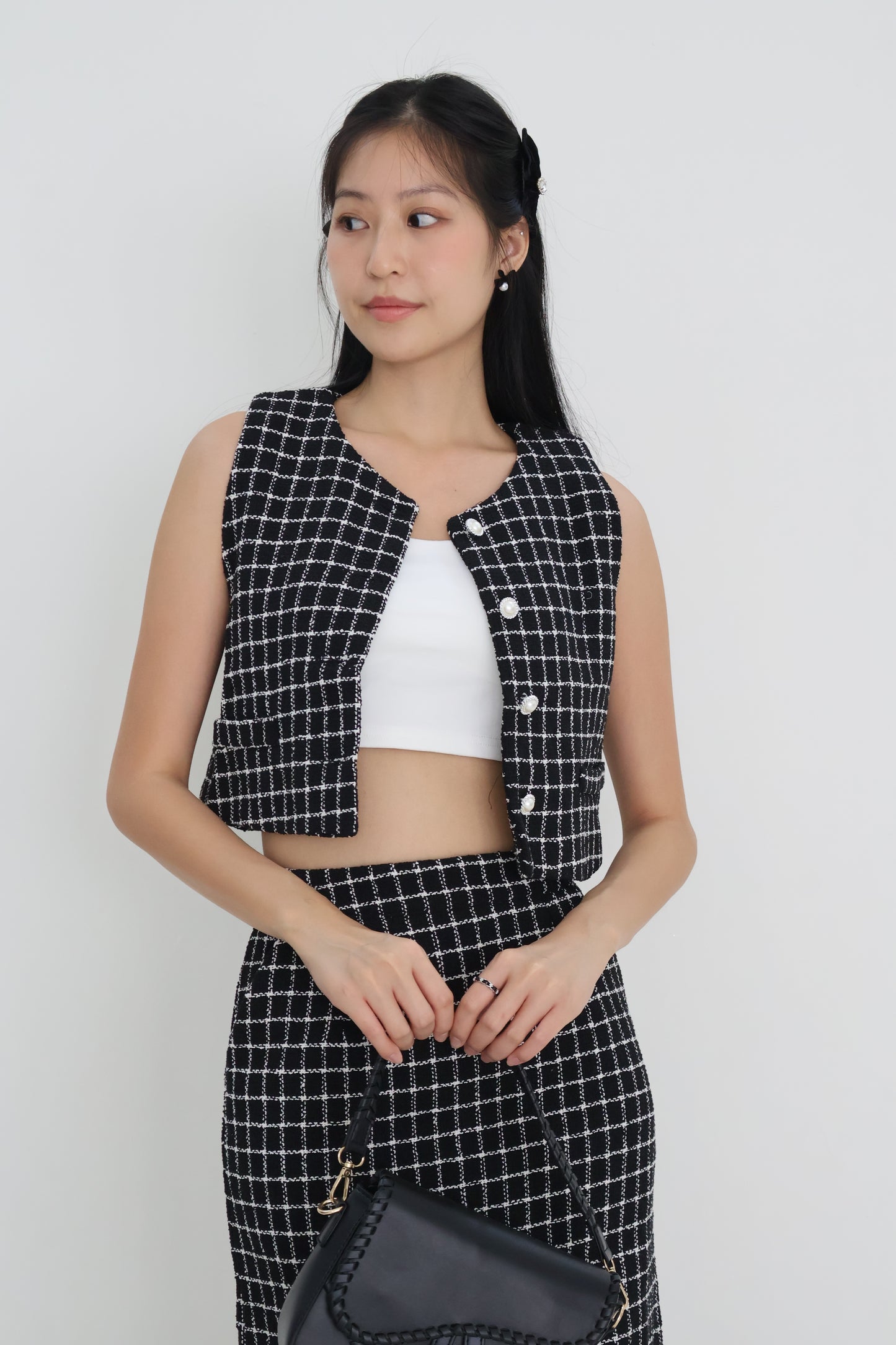 *Premium* Aura Tweed Pearl Button Midi Skirt Co-Ords In Black